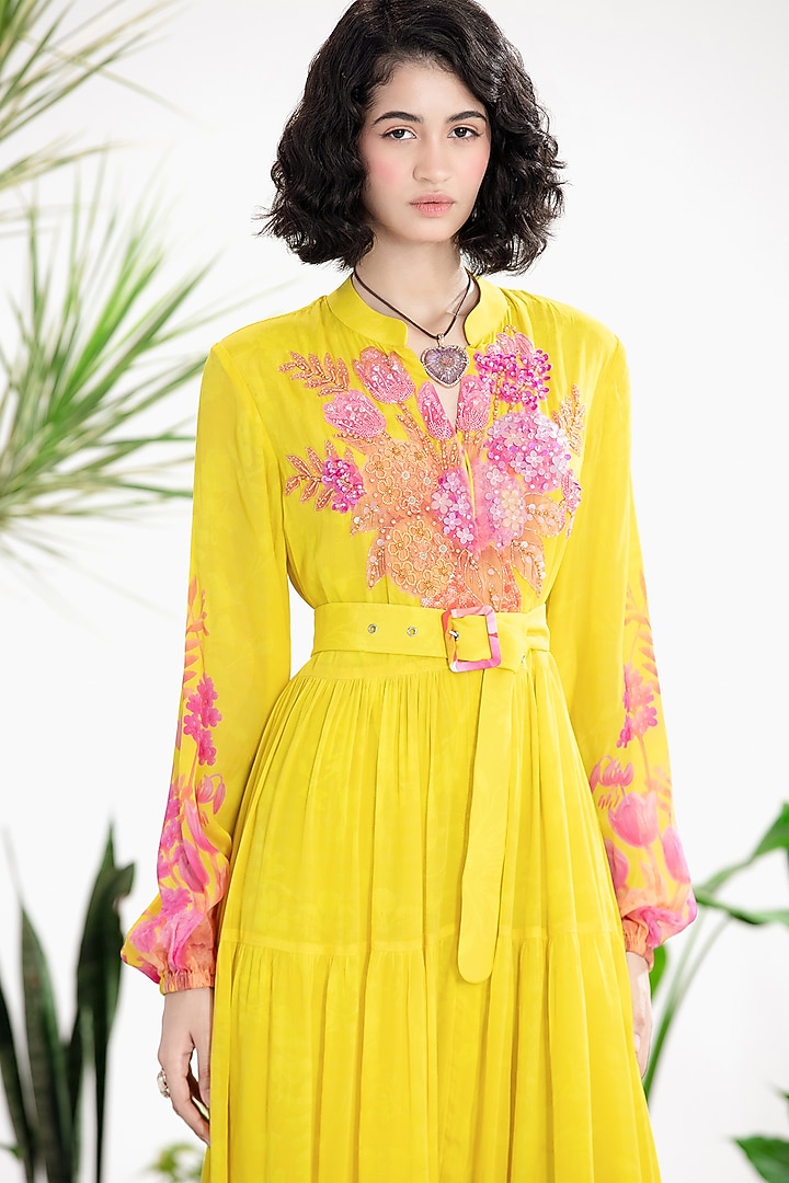 Yellow Crepe Motif Hand Embroidered Tiered Maxi Vacation Dress by SIDDHARTHA BANSAL at Pernia's Pop Up Shop