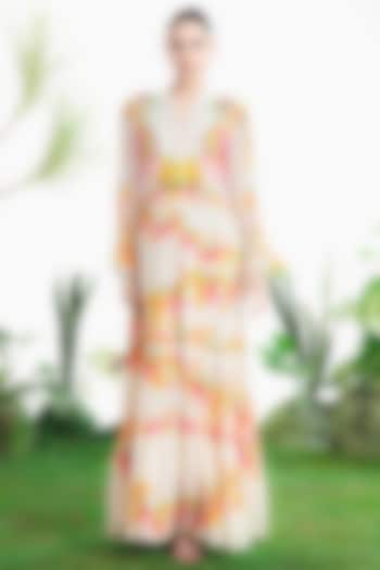 Ivory Crepe Printed Tiered Maxi Vacation Dress by SIDDHARTHA BANSAL at Pernia's Pop Up Shop