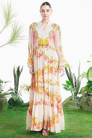 Ivory Crepe Printed Tiered Maxi Dress by SIDDHARTHA BANSAL