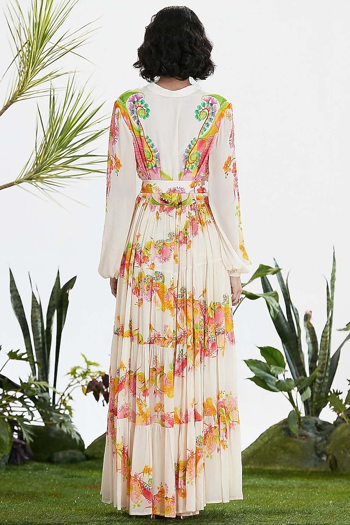 Ivory Crepe Printed Tiered Maxi Vacation Dress by SIDDHARTHA BANSAL at Pernia's Pop Up Shop