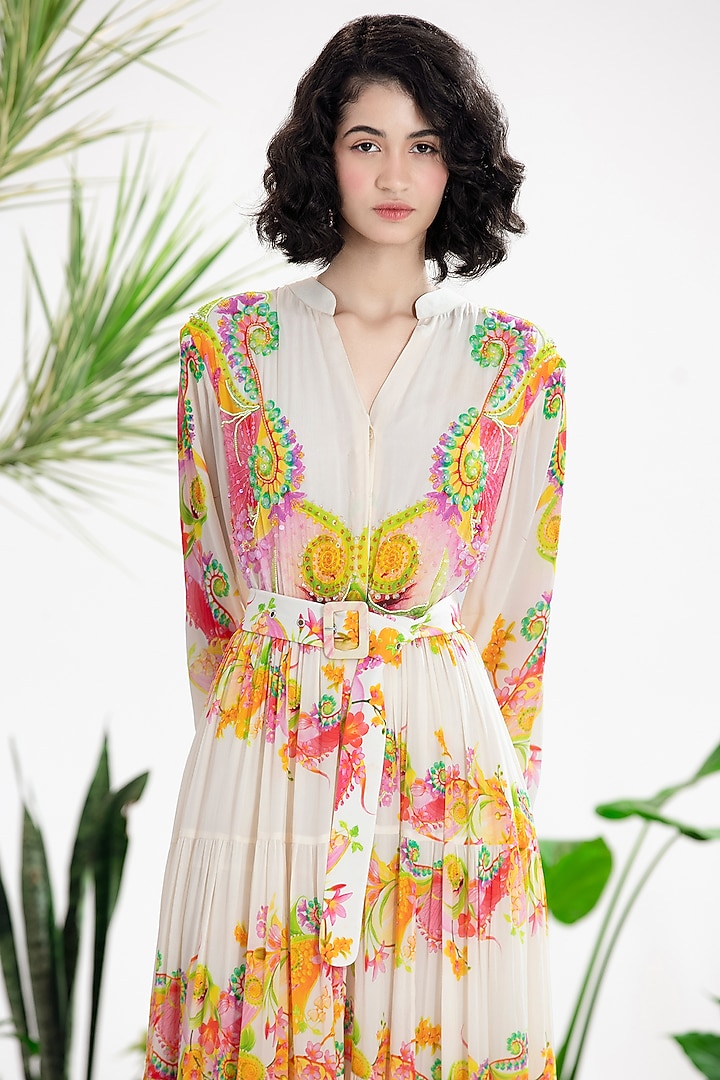 Ivory Crepe Printed Tiered Maxi Vacation Dress by SIDDHARTHA BANSAL at Pernia's Pop Up Shop