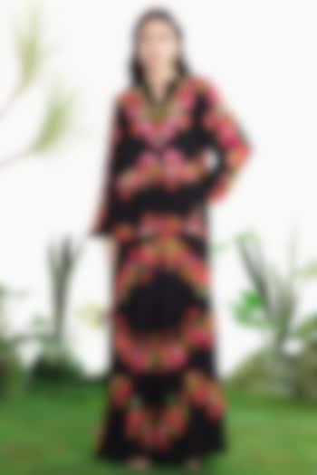 Black Crepe Printed Tiered Maxi Vacation Dress by SIDDHARTHA BANSAL at Pernia's Pop Up Shop