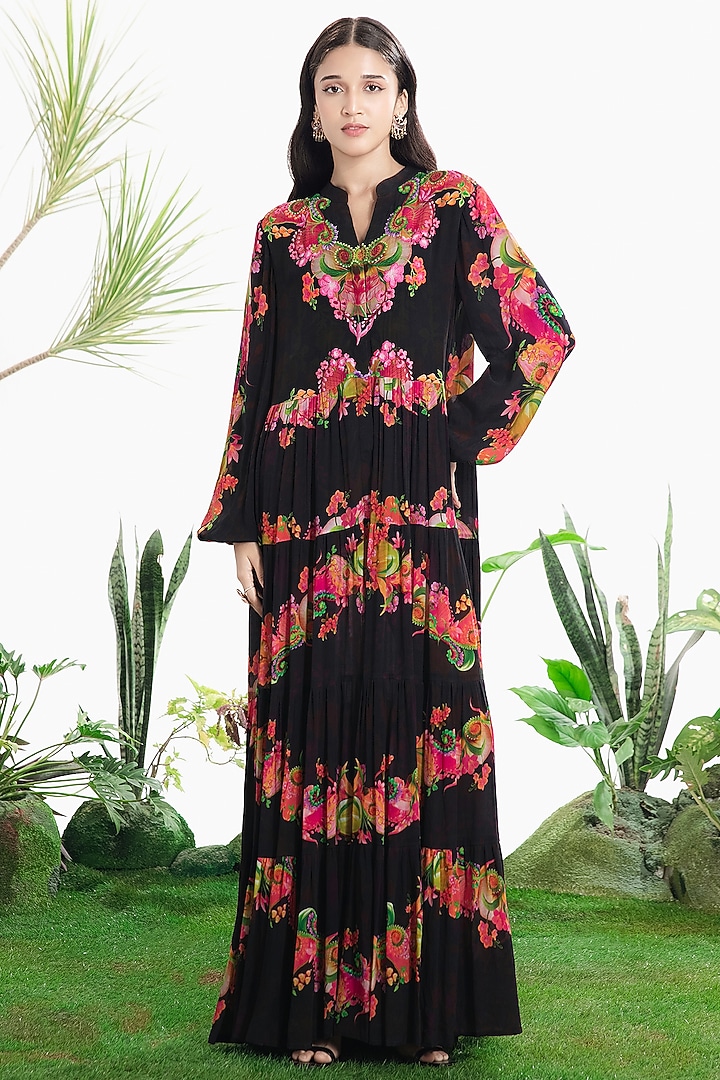 Black Crepe Printed Tiered Maxi Vacation Dress by SIDDHARTHA BANSAL at Pernia's Pop Up Shop