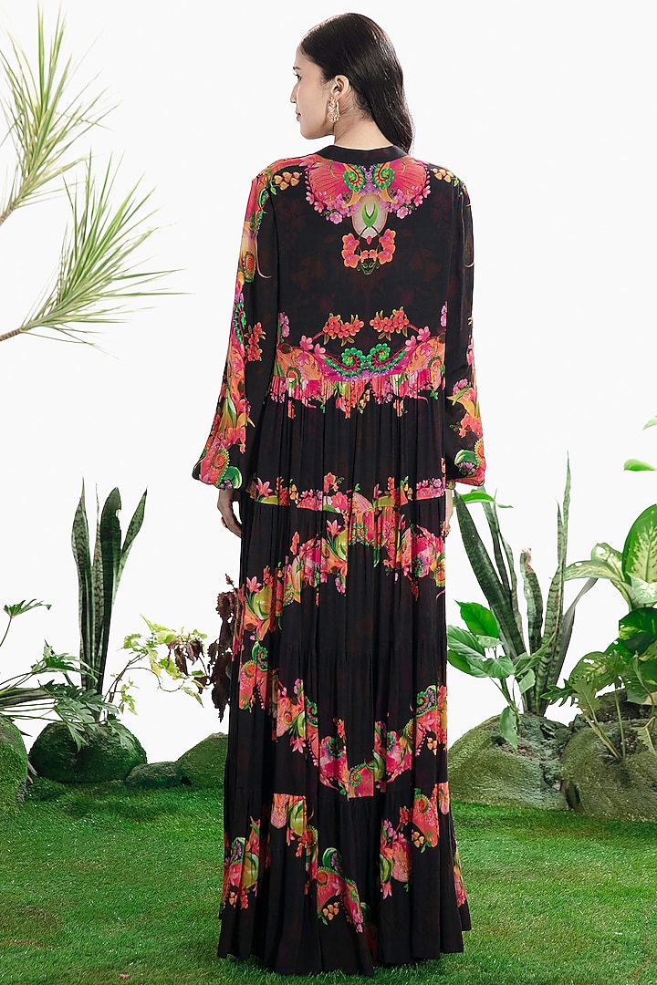 Black Crepe Printed Tiered Maxi Vacation Dress by SIDDHARTHA BANSAL at Pernia's Pop Up Shop