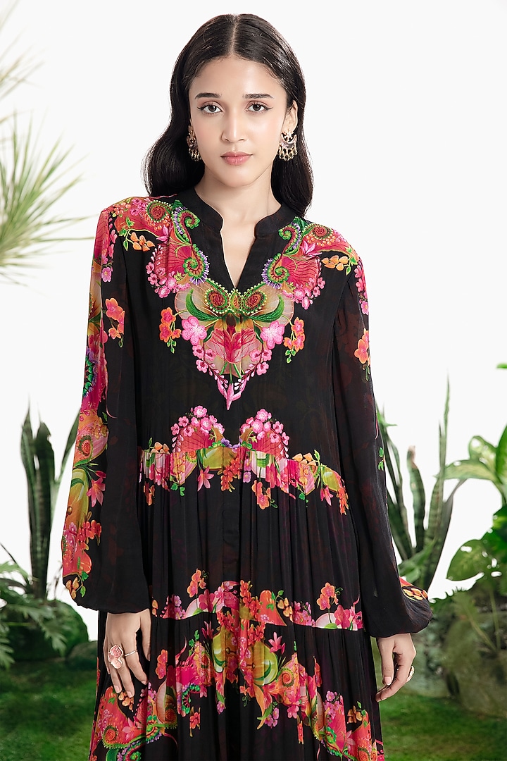 Black Crepe Printed Tiered Maxi Vacation Dress by SIDDHARTHA BANSAL at Pernia's Pop Up Shop