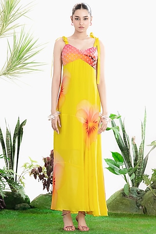 Yellow Crepe Floral Printed Maxi Dress by SIDDHARTHA BANSAL