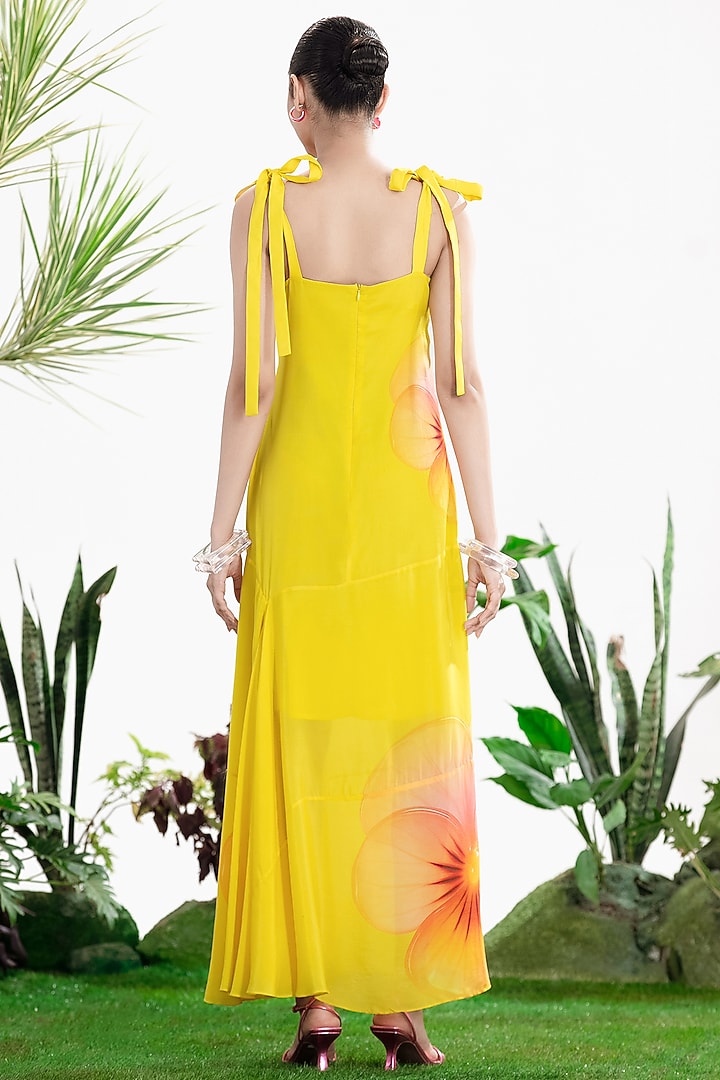 Yellow Crepe Floral Printed Maxi Vacation Dress by SIDDHARTHA BANSAL at Pernia's Pop Up Shop