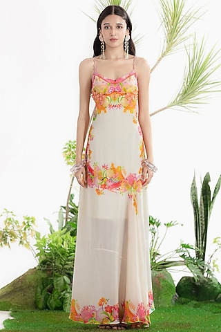 Ivory Crepe Printed Maxi Dress by SIDDHARTHA BANSAL