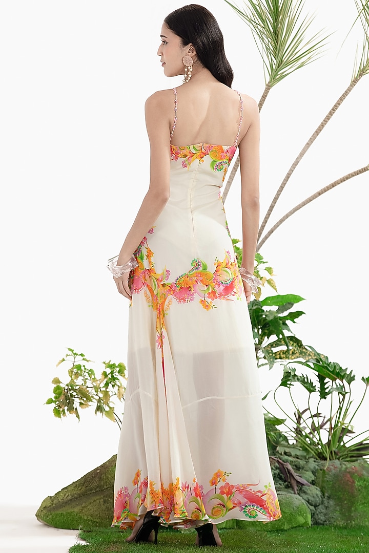 Ivory Crepe Printed Maxi Vacation Dress by SIDDHARTHA BANSAL at Pernia's Pop Up Shop