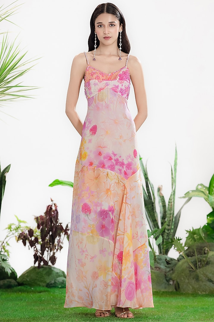 Ivory Crepe Printed Maxi Vacation Dress by SIDDHARTHA BANSAL at Pernia's Pop Up Shop