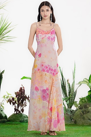 Ivory Crepe Printed Maxi Dress by SIDDHARTHA BANSAL