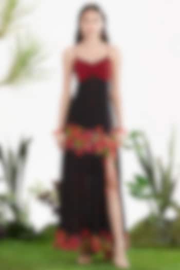 Black & Red Crepe Printed Maxi Vacation Dress by SIDDHARTHA BANSAL at Pernia's Pop Up Shop