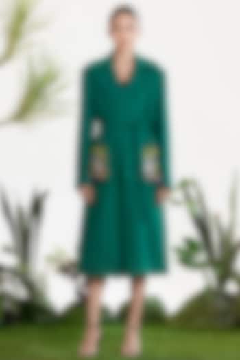 Teal Linen Hand Embroidered Trench Coat by SIDDHARTHA BANSAL at Pernia's Pop Up Shop