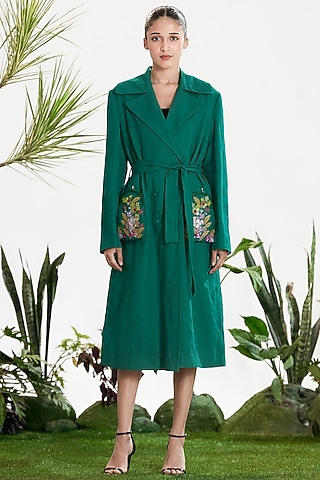 Teal Linen Hand Embroidered Trench Coat by SIDDHARTHA BANSAL