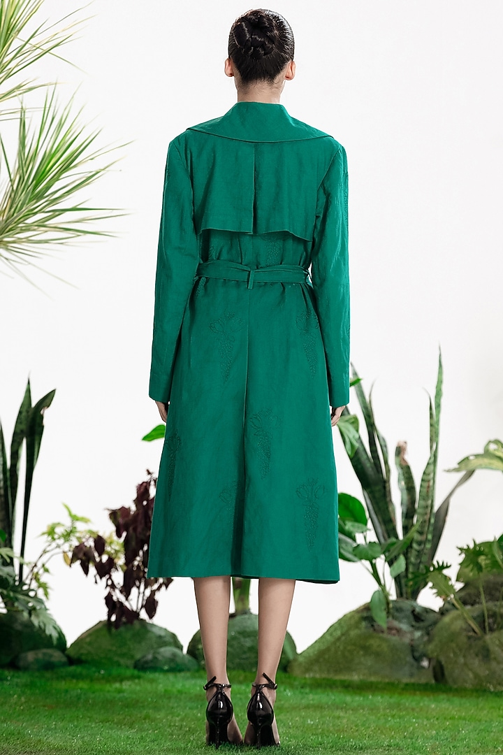 Teal Linen Hand Embroidered Trench Coat by SIDDHARTHA BANSAL at Pernia's Pop Up Shop