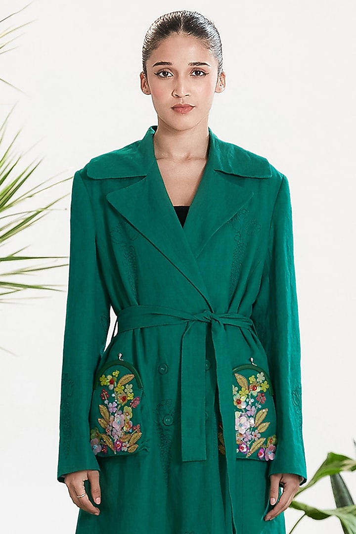 Teal Linen Hand Embroidered Trench Coat by SIDDHARTHA BANSAL at Pernia's Pop Up Shop