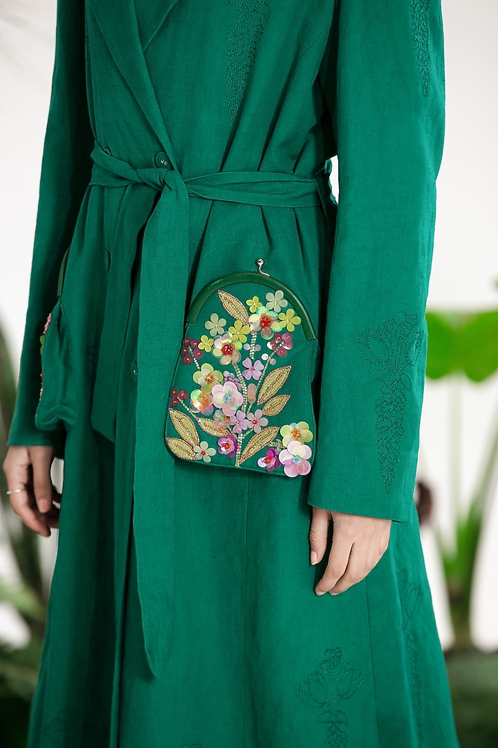 Teal Linen Hand Embroidered Trench Coat by SIDDHARTHA BANSAL at Pernia's Pop Up Shop