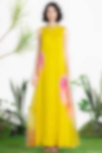 Yellow Satin Floral Printed Layered Maxi Cocktail Dress by SIDDHARTHA BANSAL at Pernia's Pop Up Shop