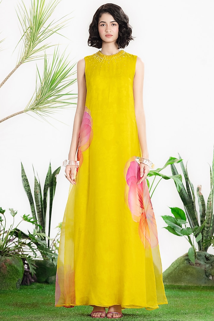 Yellow Satin Floral Printed Layered Maxi Cocktail Dress by SIDDHARTHA BANSAL at Pernia's Pop Up Shop