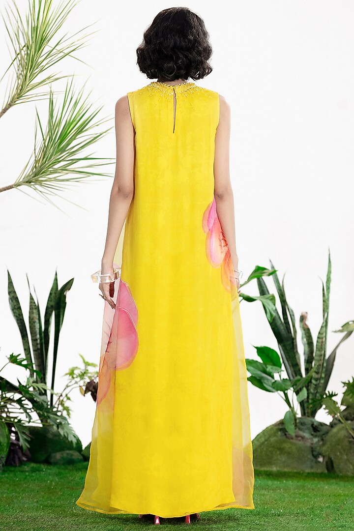 Yellow Satin Floral Printed Layered Maxi Cocktail Dress by SIDDHARTHA BANSAL at Pernia's Pop Up Shop