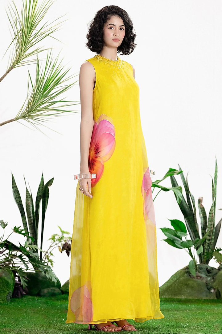 Yellow Satin Floral Printed Layered Maxi Cocktail Dress by SIDDHARTHA BANSAL at Pernia's Pop Up Shop