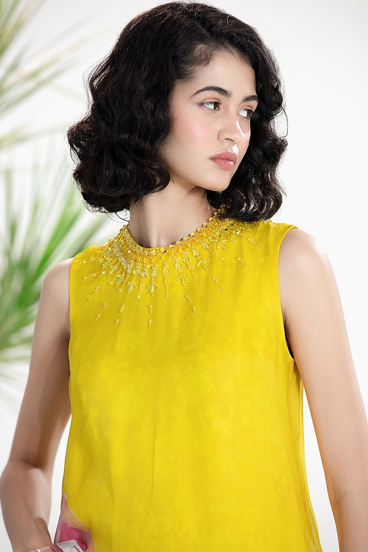 Yellow Satin Floral Printed Layered Maxi Cocktail Dress by SIDDHARTHA BANSAL at Pernia's Pop Up Shop