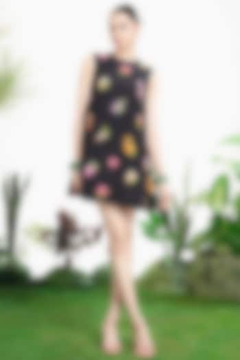 Black Crepe Hand Embroidered & Printed Shift Vacation Dress by SIDDHARTHA BANSAL at Pernia's Pop Up Shop