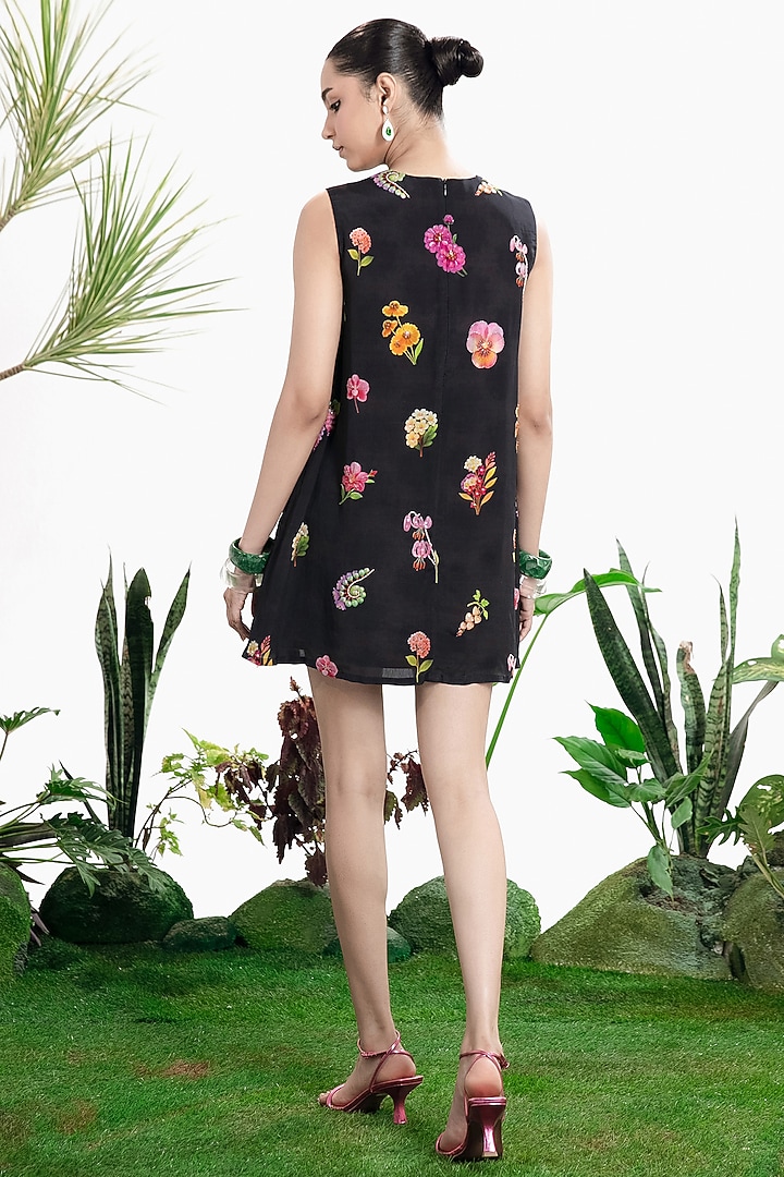 Black Crepe Hand Embroidered & Printed Shift Vacation Dress by SIDDHARTHA BANSAL at Pernia's Pop Up Shop