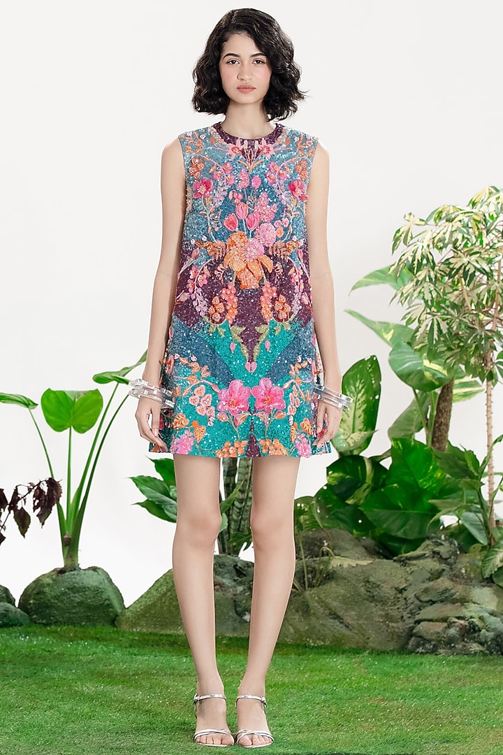 Multi-Colored Crepe Sequin Embroidered Shift Party Wear Dress by SIDDHARTHA BANSAL at Pernia's Pop Up Shop