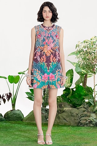 Multi-Colored Crepe Sequin Embroidered Shift Dress by SIDDHARTHA BANSAL