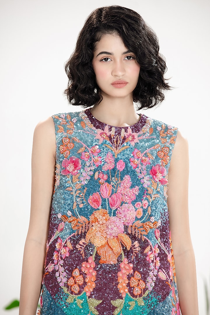 Multi-Colored Crepe Sequin Embroidered Shift Party Wear Dress by SIDDHARTHA BANSAL at Pernia's Pop Up Shop