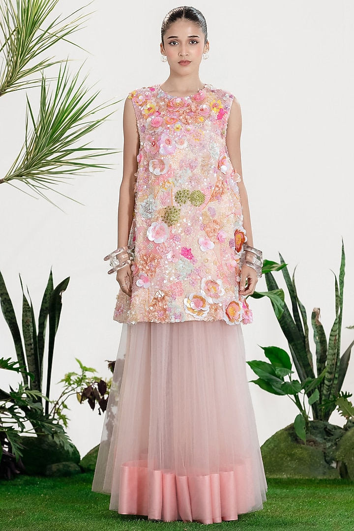 Light Pink Net & Satin Embroidered Skirt by SIDDHARTHA BANSAL at Pernia's Pop Up Shop