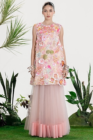 Light Pink Net & Satin Embroidered Skirt by SIDDHARTHA BANSAL