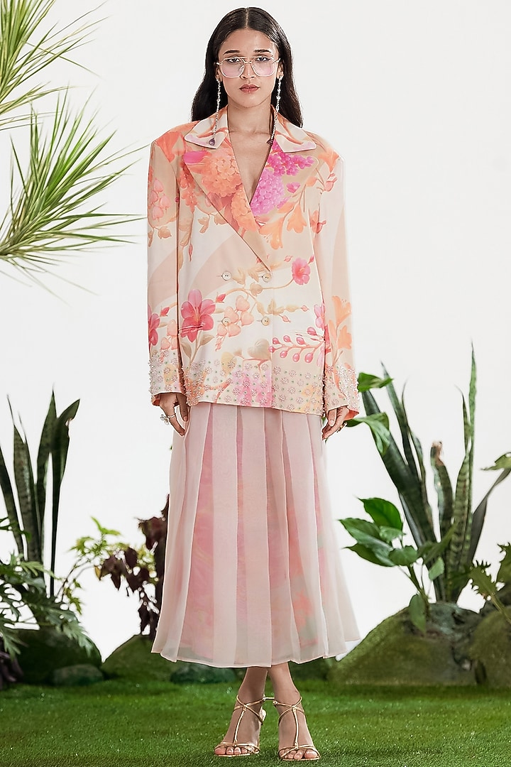 Pink Organza Printed Pleated Skirt Set by SIDDHARTHA BANSAL at Pernia's Pop Up Shop