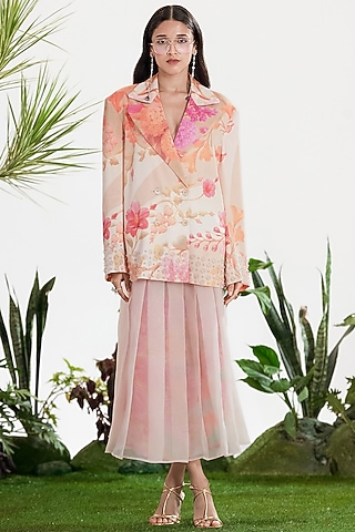 Pink Organza Printed Pleated Skirt Set by SIDDHARTHA BANSAL