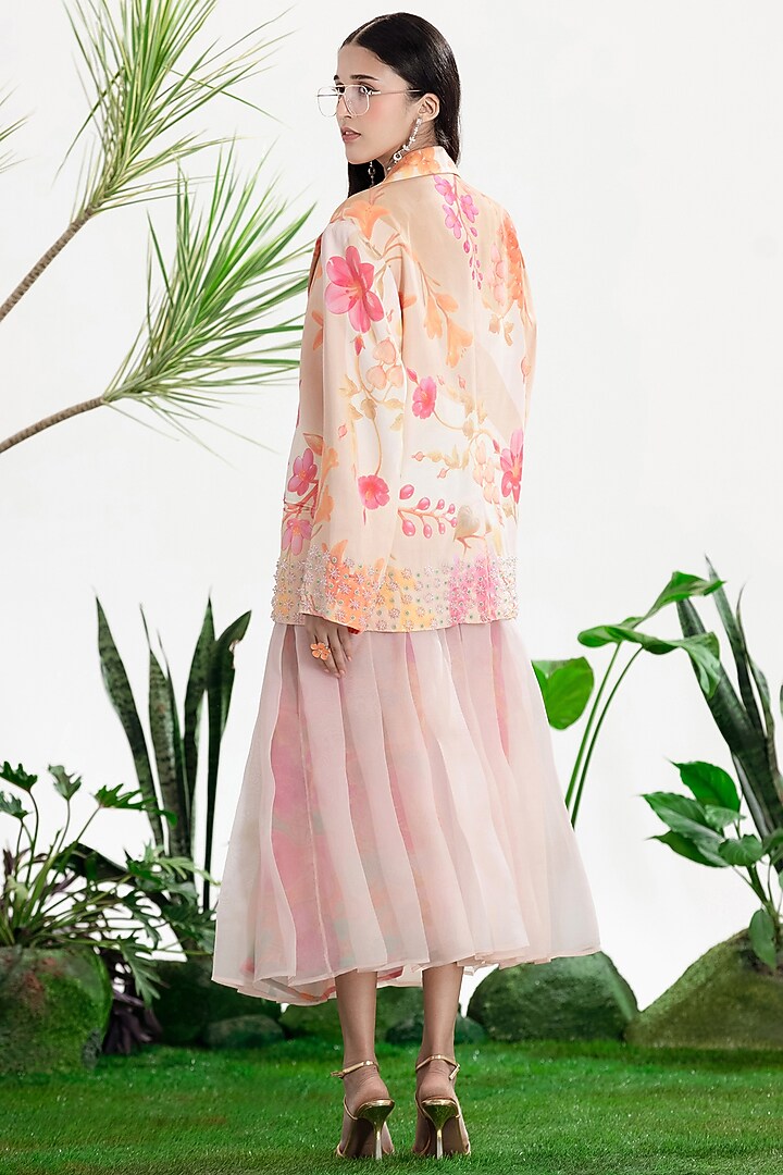 Pink Organza Printed Pleated Skirt Set by SIDDHARTHA BANSAL at Pernia's Pop Up Shop