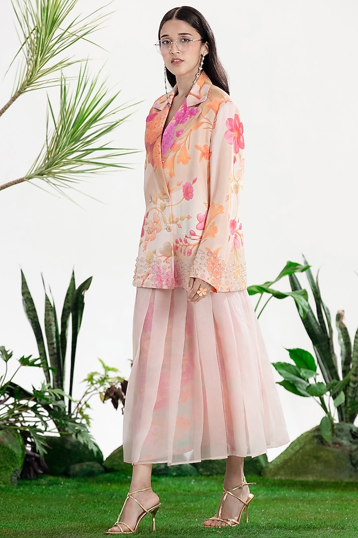 Pink Organza Printed Pleated Skirt Set by SIDDHARTHA BANSAL at Pernia's Pop Up Shop