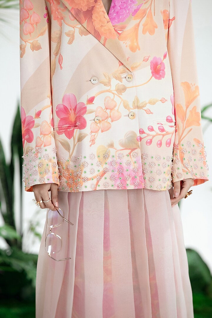 Pink Organza Printed Pleated Skirt Set by SIDDHARTHA BANSAL at Pernia's Pop Up Shop