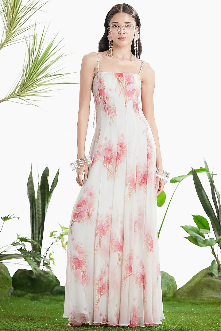 Ivory Chiffon Embroidered Paneled Vacation Dress by SIDDHARTHA BANSAL at Pernia's Pop Up Shop