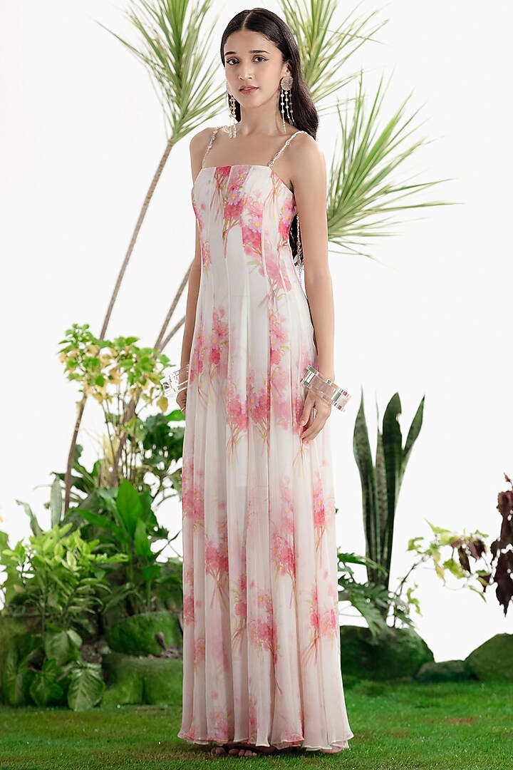 Ivory Chiffon Embroidered Paneled Vacation Dress by SIDDHARTHA BANSAL at Pernia's Pop Up Shop