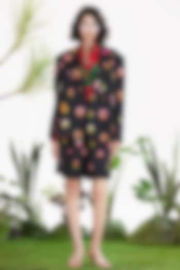 Black Linen Satin Printed & Embroidered Co-Ord Set by SIDDHARTHA BANSAL at Pernia's Pop Up Shop