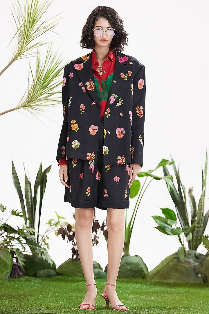 Black Linen Satin Printed & Embroidered Co-Ord Set by SIDDHARTHA BANSAL at Pernia's Pop Up Shop