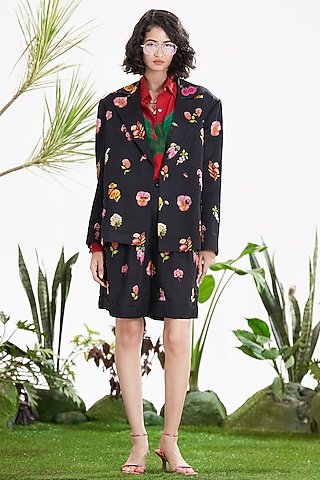 Black Linen Satin Printed & Embroidered Co-Ord Set by SIDDHARTHA BANSAL