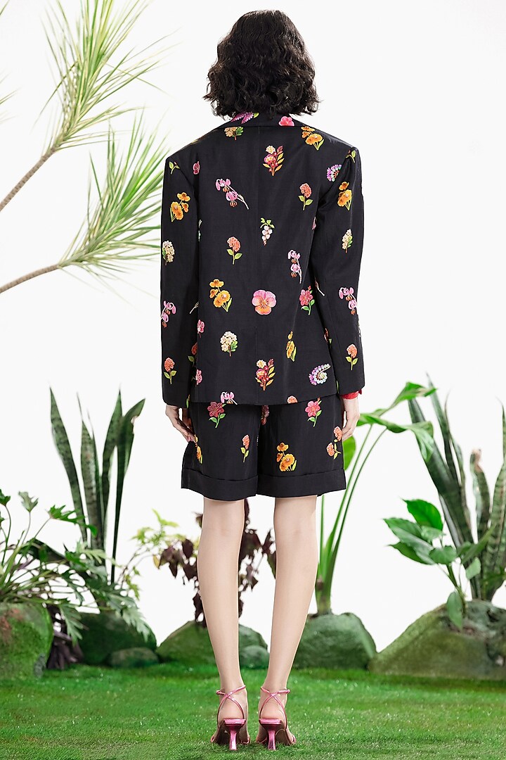 Black Linen Satin Printed & Embroidered Co-Ord Set by SIDDHARTHA BANSAL at Pernia's Pop Up Shop