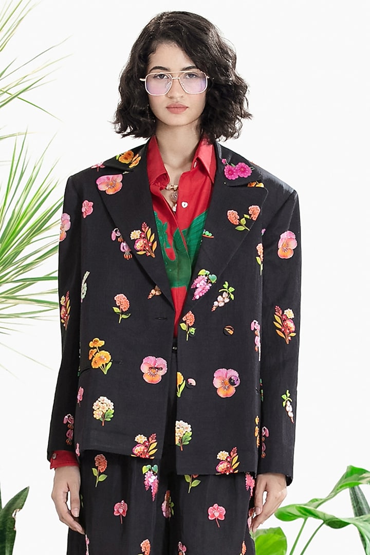 Black Linen Satin Printed & Embroidered Co-Ord Set by SIDDHARTHA BANSAL at Pernia's Pop Up Shop