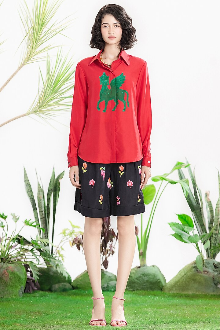 Black Linen Satin Printed & Embroidered Co-Ord Set by SIDDHARTHA BANSAL at Pernia's Pop Up Shop