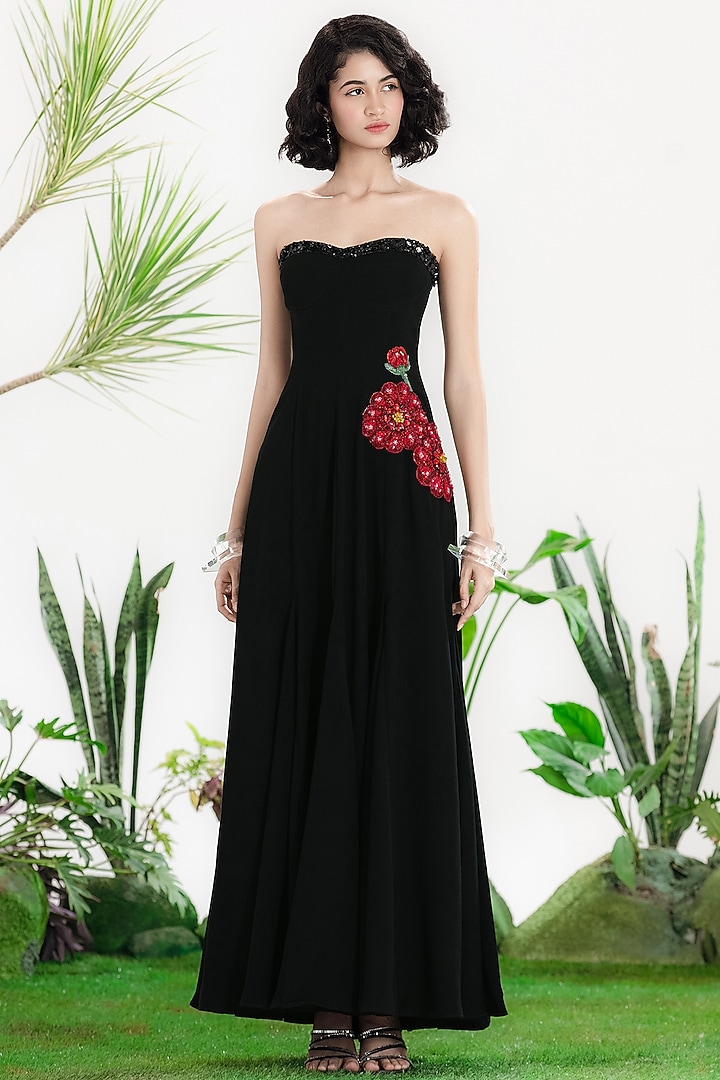 Black American Crepe Floral Embroidered Strapless Cocktail Dress by SIDDHARTHA BANSAL at Pernia's Pop Up Shop