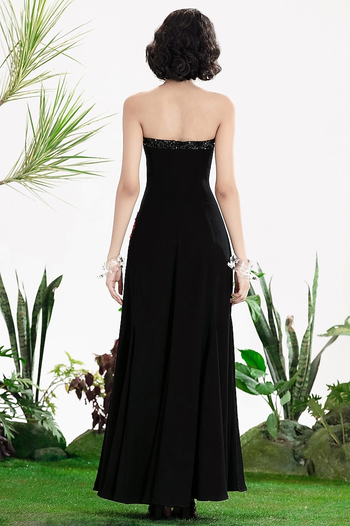 Black American Crepe Floral Embroidered Strapless Cocktail Dress by SIDDHARTHA BANSAL at Pernia's Pop Up Shop