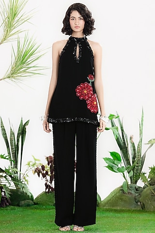 Black American Crepe Floral Embroidered Co-Ord Set by SIDDHARTHA BANSAL