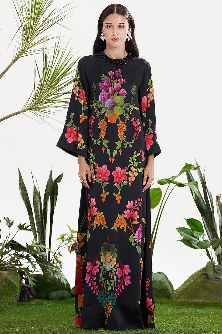 Black Dull Satin Bead Embroidered Kaftan by SIDDHARTHA BANSAL at Pernia's Pop Up Shop